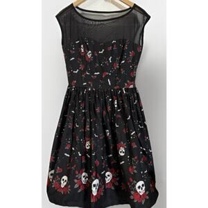 Hell Bunny Black Midi Dress with Red Rose & White Skull Pattern